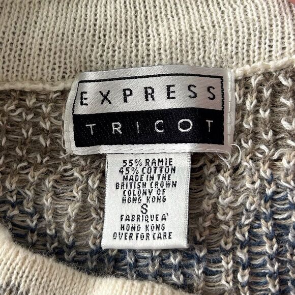 Express Vintage Women’s Oversized Long Sleeve Beige Teal Patterned Sweater Sz S - Picture 8 of 10